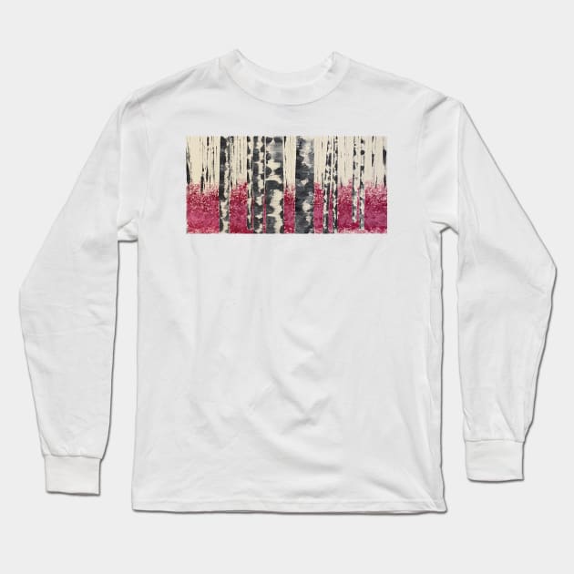 Winter White Birch Trees with Fallen Magenta Leaves Long Sleeve T-Shirt by J&S mason